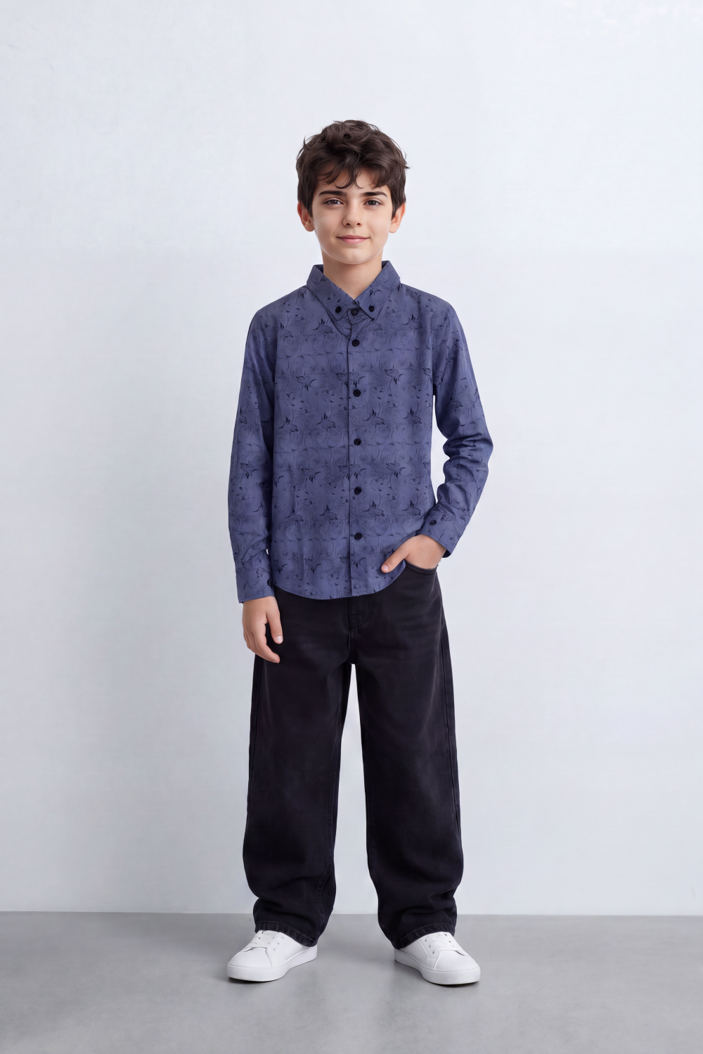 Boy's Tomato Store Soft Woven Shirt Tonal Botanical Print  Collar Contrast Buttons Long Sleeve