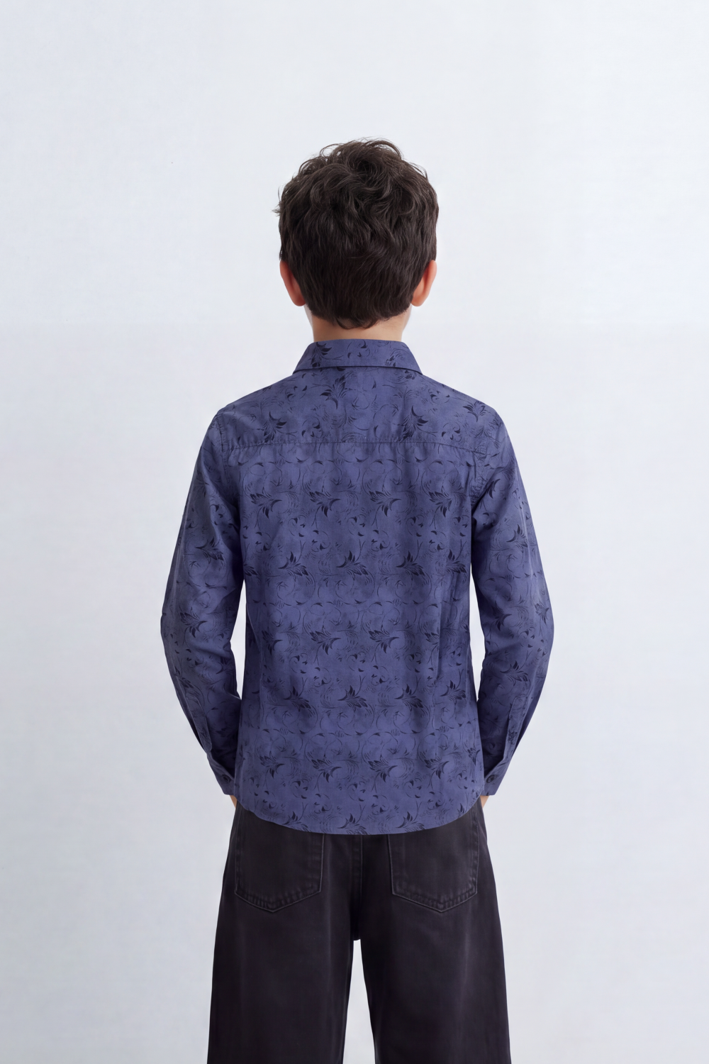 Boy's Tomato Store Soft Woven Shirt Tonal Botanical Print  Collar Contrast Buttons Long Sleeve