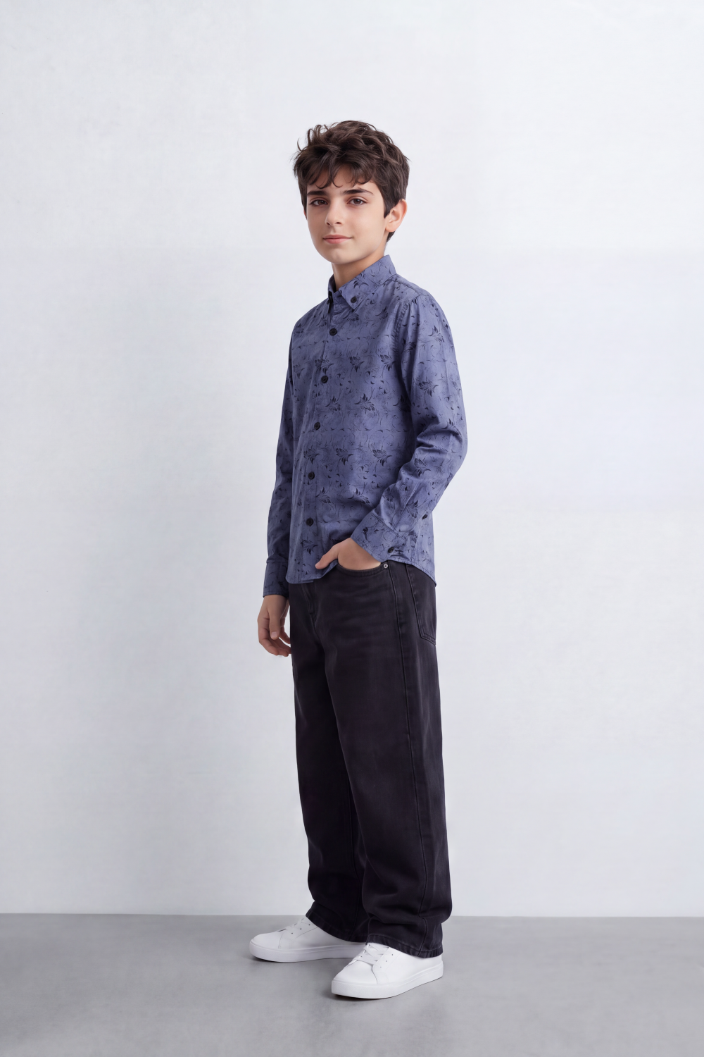 Boy's Tomato Store Soft Woven Shirt Tonal Botanical Print  Collar Contrast Buttons Long Sleeve