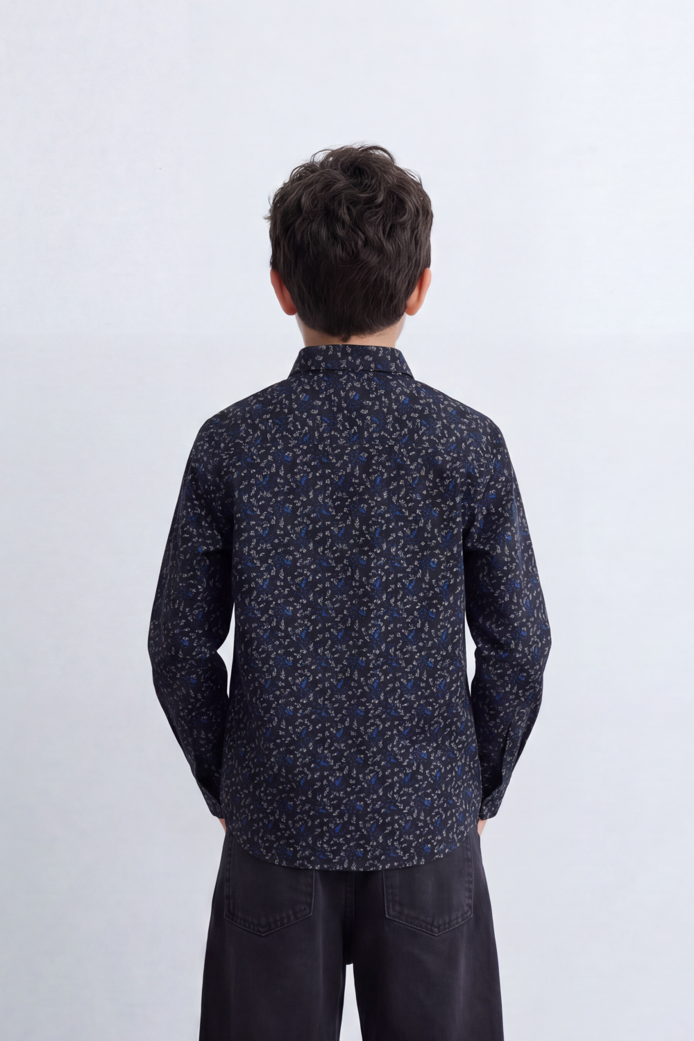 Boy's Tomato Store Printed Shirt Delicate Allover Floral Motif Collar Contrast Buttons Long Sleeve