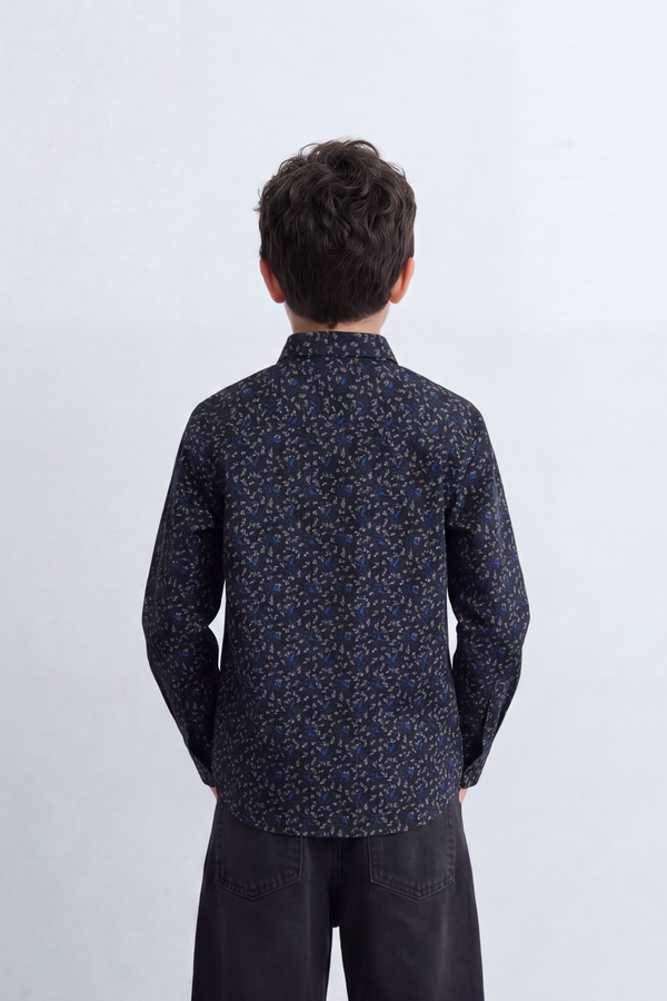 Boy's Tomato Store Printed Shirt Delicate Allover Floral Motif Collar Contrast Buttons Long Sleeve