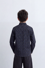 Boy's Tomato Store Printed Shirt Delicate Allover Floral Motif Collar Contrast Buttons Long Sleeve