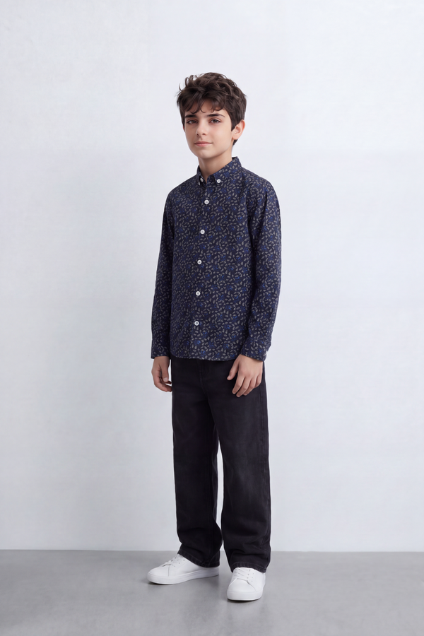 Boy's Tomato Store Printed Shirt Delicate Allover Floral Motif Collar Contrast Buttons Long Sleeve