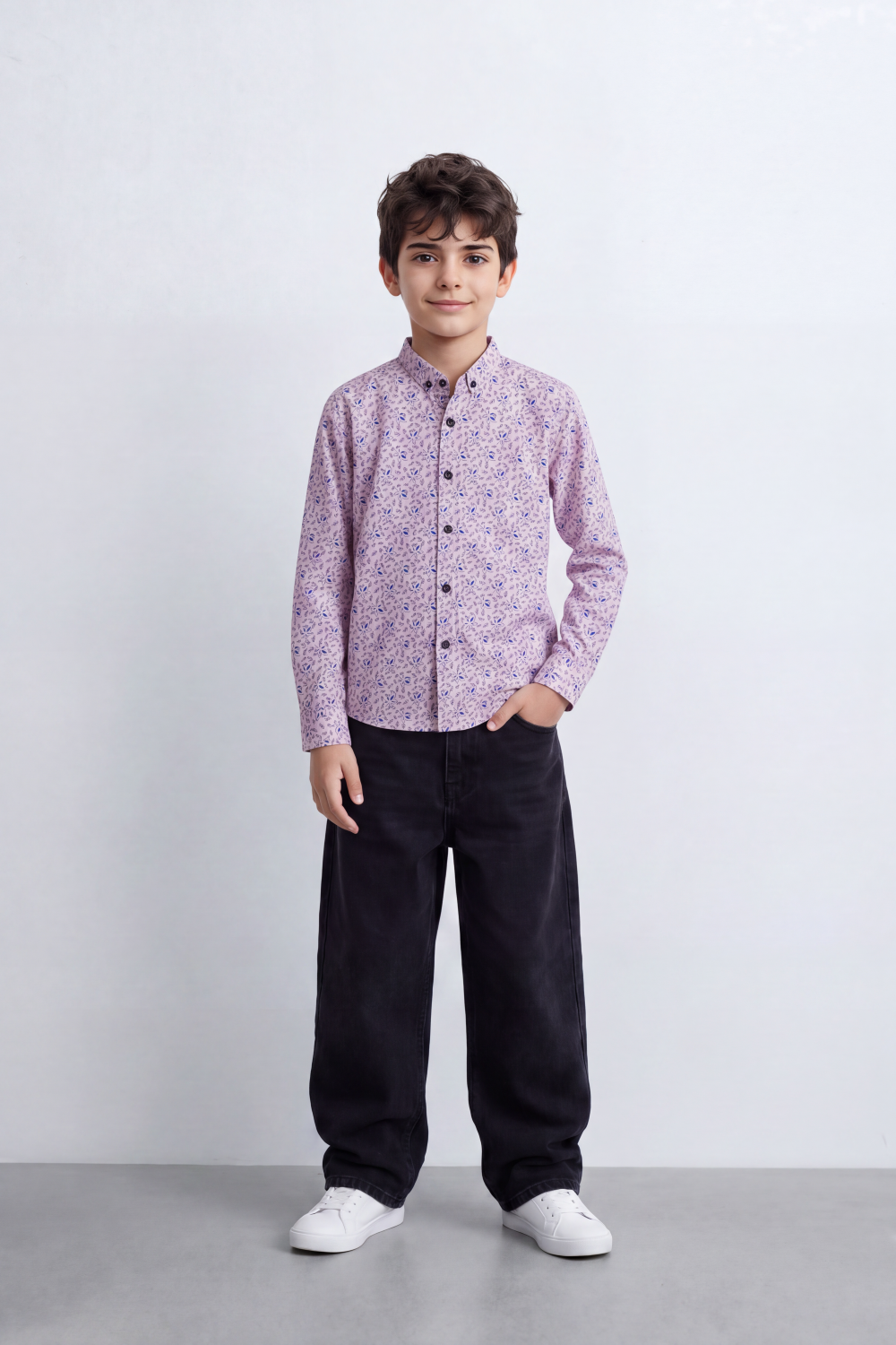 Boy's Tomato Store Printed Shirt Delicate Allover Floral Motif Collar Contrast Buttons Long Sleeve
