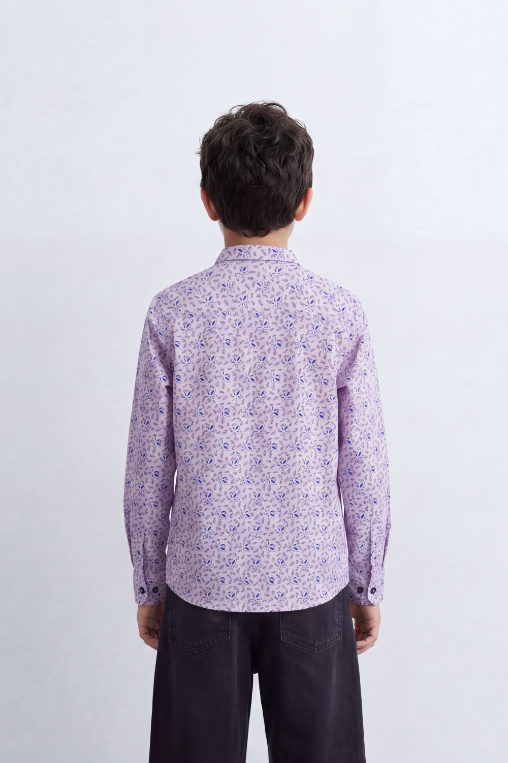 Boy's Tomato Store Printed Shirt Delicate Allover Floral Motif Collar Contrast Buttons Long Sleeve