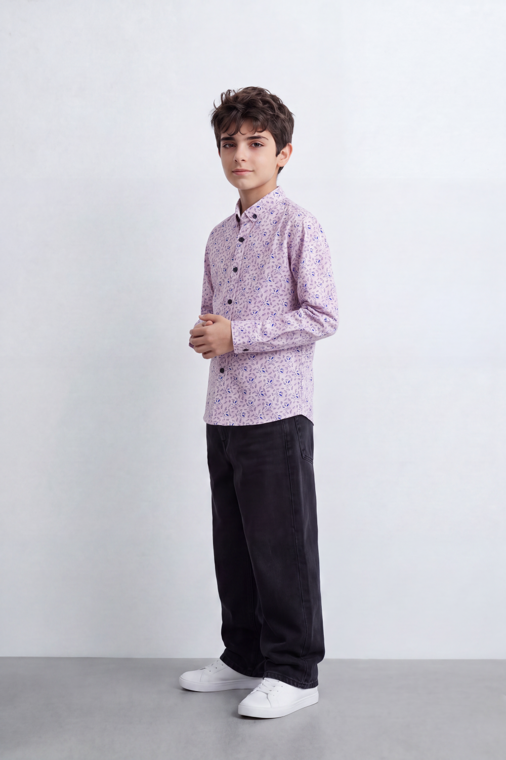 Boy's Tomato Store Printed Shirt Delicate Allover Floral Motif Collar Contrast Buttons Long Sleeve