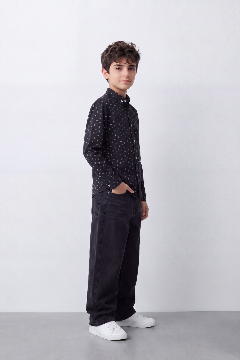 Boy's Tomato Store Poplin Shirt Allover Micro Geometric Long Sleeve