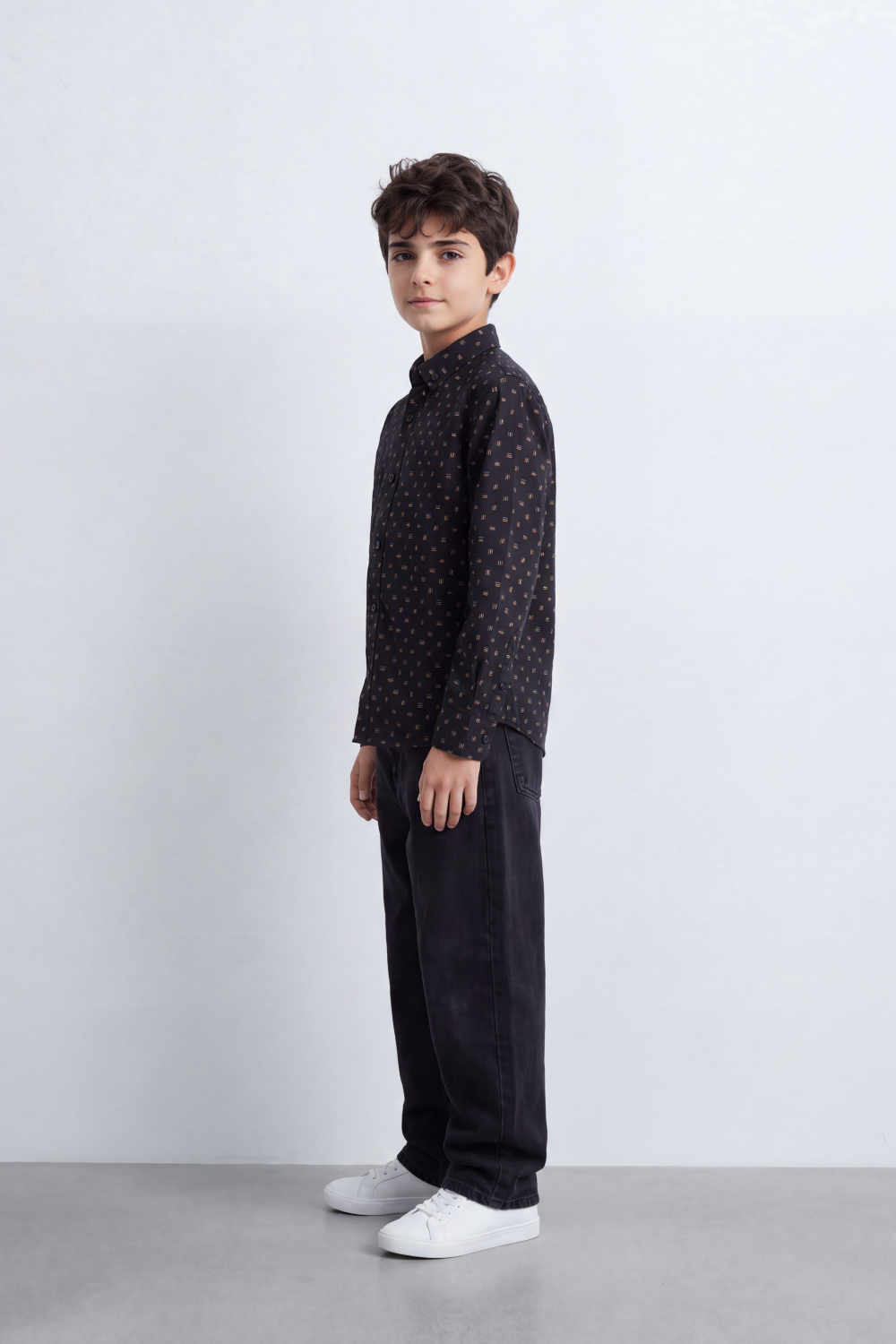 Boy's Tomato Store Printed Poplin Shirt Allover Micro Square Motif Button-Down Collar Long Sleeve