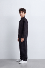 Boy's Tomato Store Printed Poplin Shirt Allover Micro Square Motif Button-Down Collar Long Sleeve
