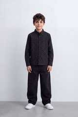Boy's Tomato Store Printed Poplin Shirt Allover Micro Square Motif Button-Down Collar Long Sleeve