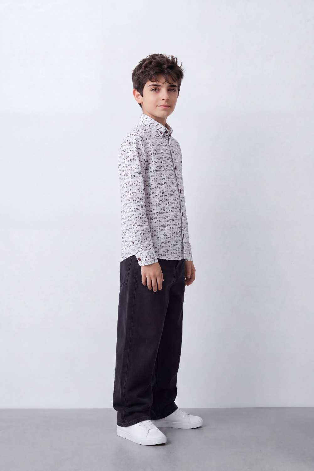 Boy's Tomato Store Crisp Cotton Poplin Shirt Allover Abstract Micro Print Long Sleeve