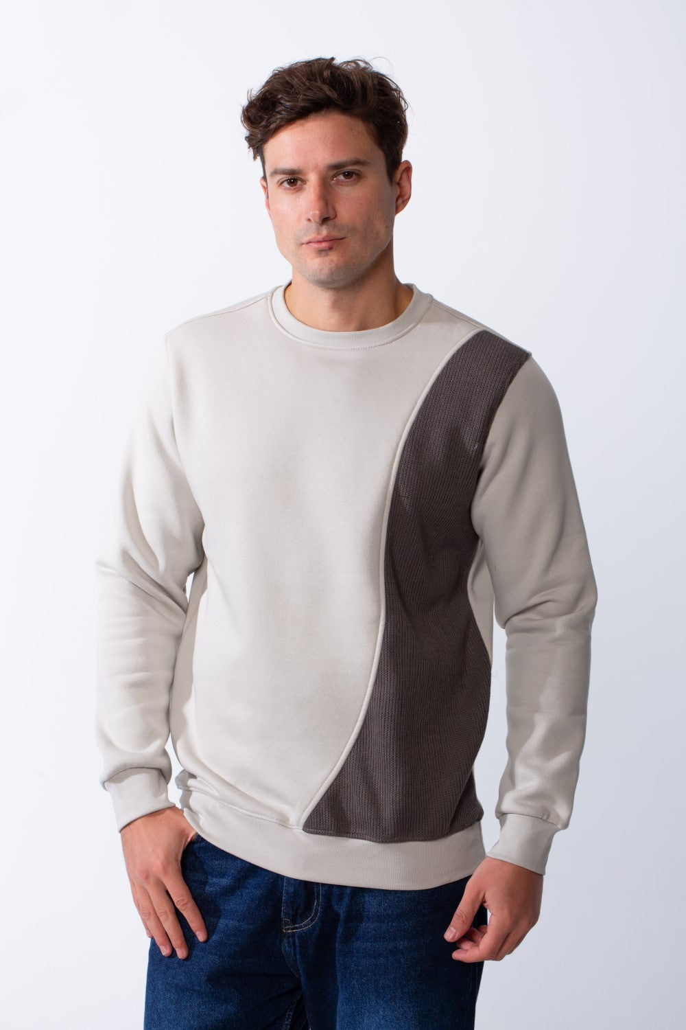 Men's Classic Crew Neck With Bold Contrast Panel On One Side Perfect For Casual Every Day Wear Slim Fit Melton Sweatshirt
