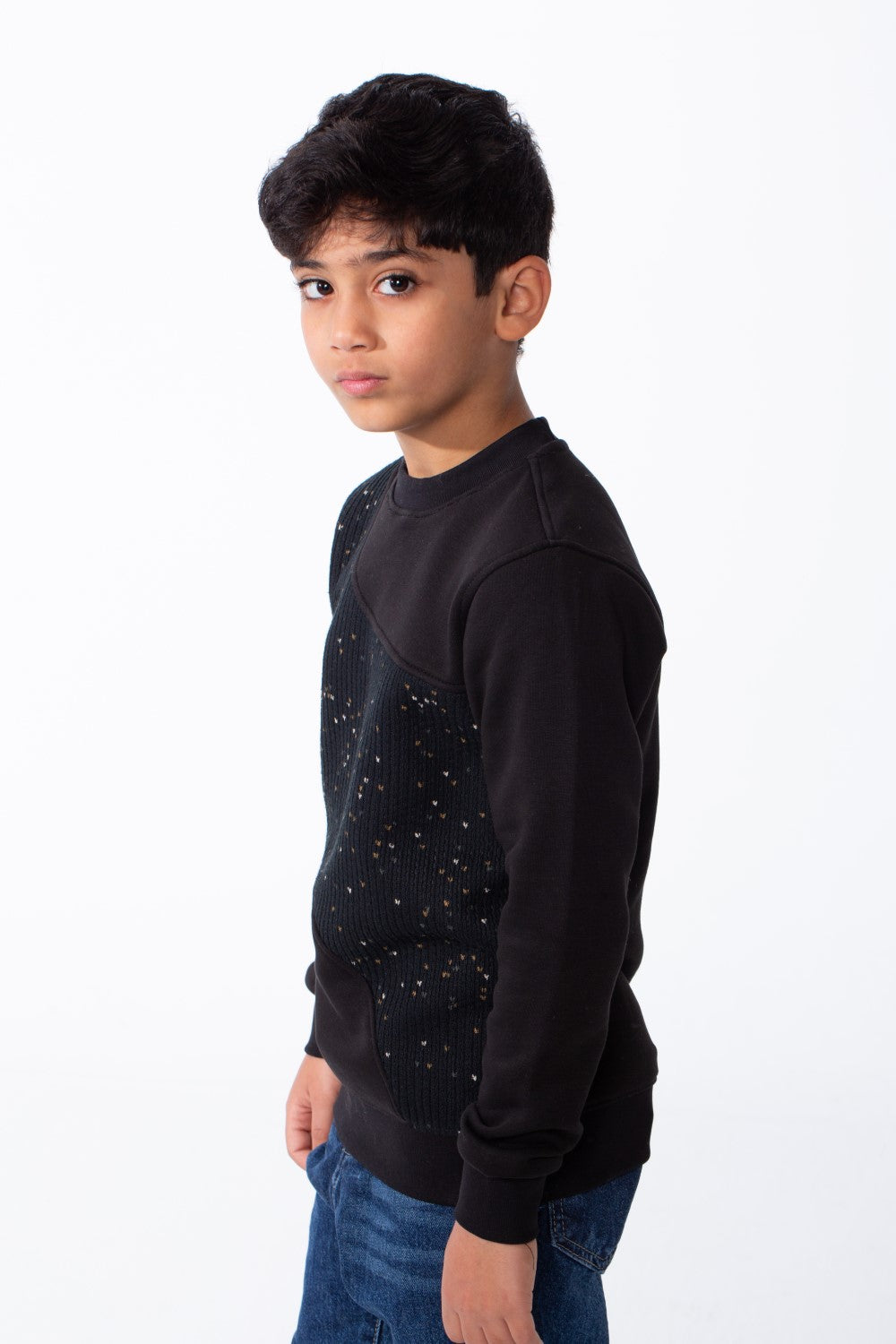 Boy's Crew Neckline Modern Patchwork Design With Creative Twist Melton Slim Fit Sweatshirt