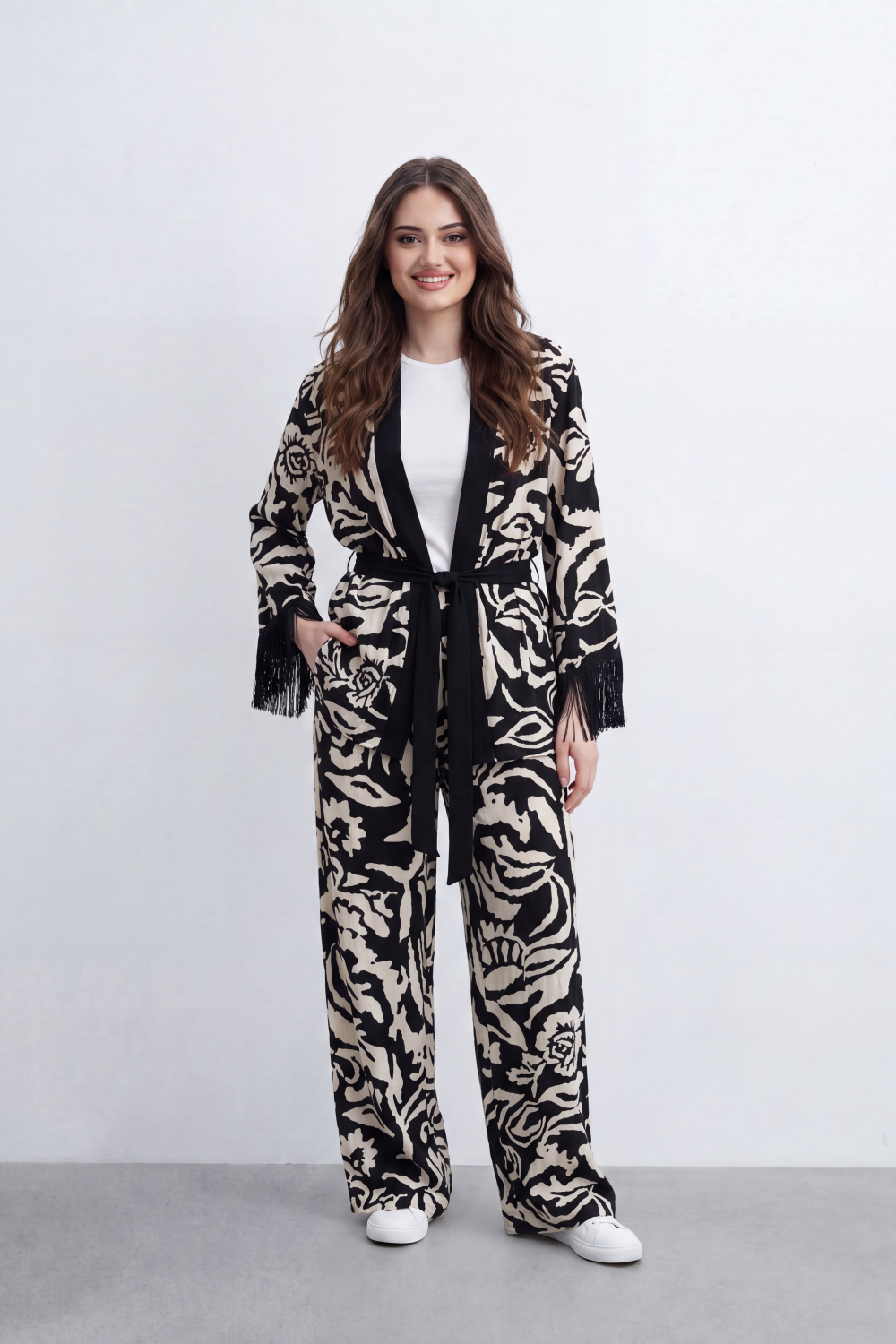 Women’s Tomato Store Noir Bloom Co-Ord Set Bold Floral Brush Print Across Matte Surface Waist Tie Detail Outfit
