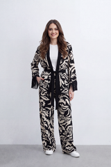 Women’s Tomato Store Noir Bloom Co-Ord Set Bold Floral Brush Print Across Matte Surface Waist Tie Detail Outfit