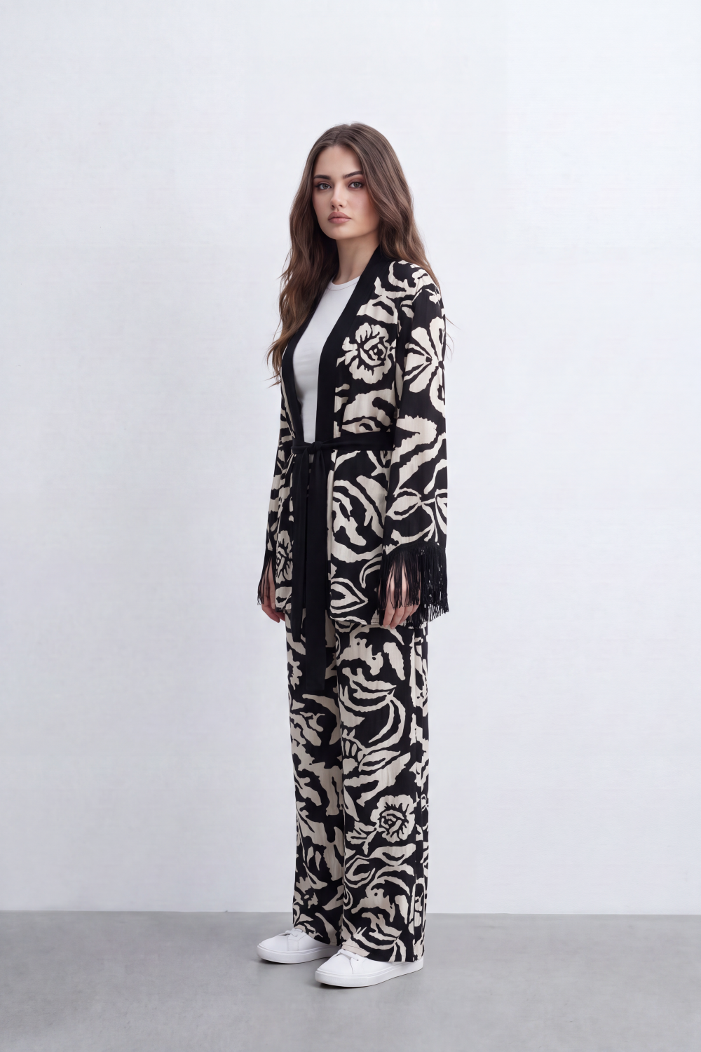 Women’s Tomato Store Noir Bloom Co-Ord Set Bold Floral Brush Print Across Matte Surface Waist Tie Detail Outfit