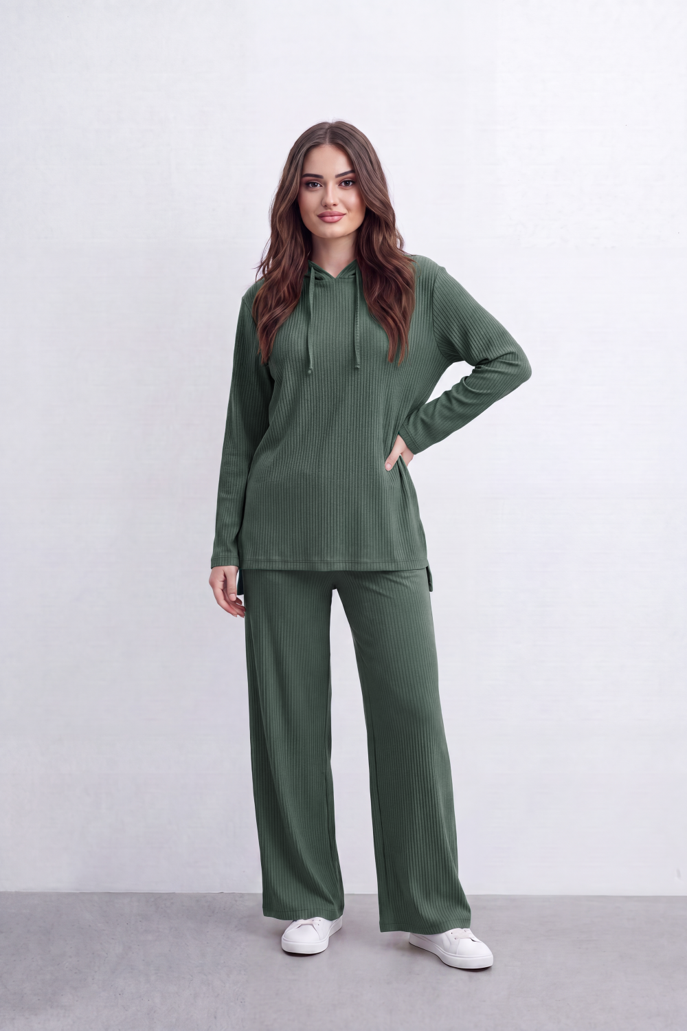 Women’s Tomato Store Rib Lounge Co-Ord Set Vertical Cord Texture Across The Full Look Hood Outfit