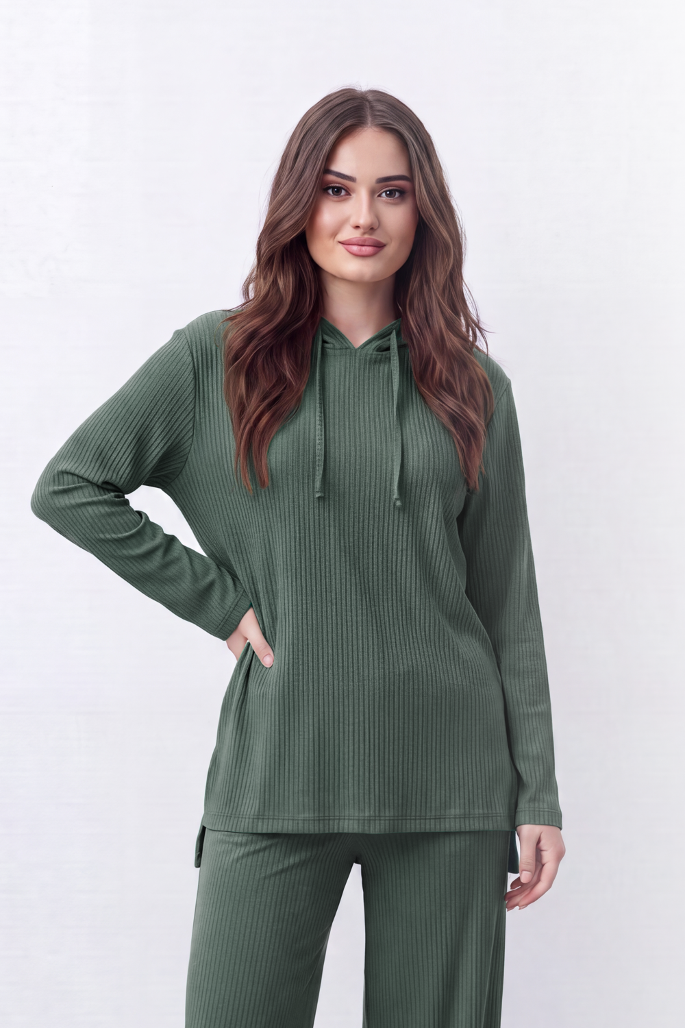 Women’s Tomato Store Rib Lounge Co-Ord Set Vertical Cord Texture Across The Full Look Hood Outfit