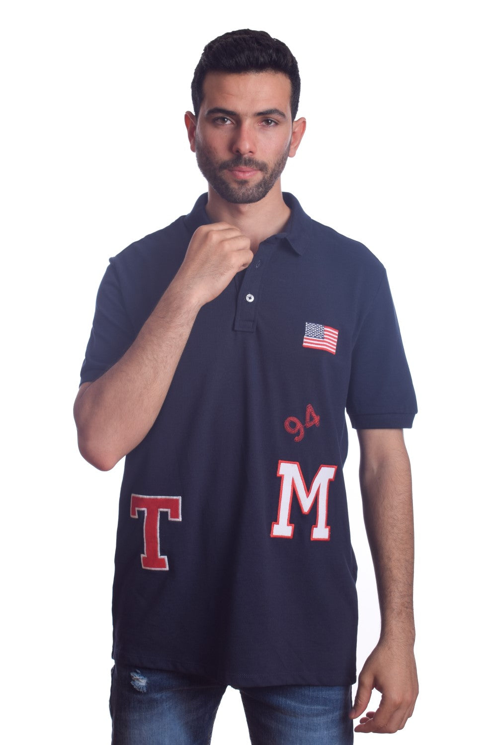 Men's Tomato Store Pique Polo Shirt Varsity Patchwork Graphics Flag Chest Detail Classic Collar