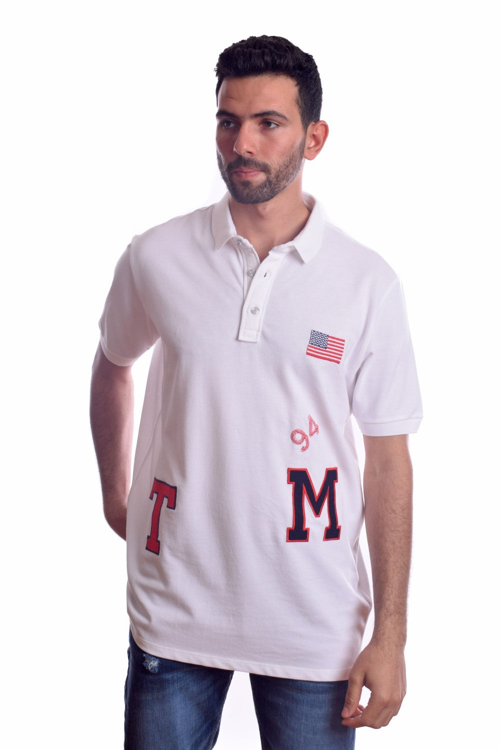 Men's Tomato Store Pique Polo Shirt Varsity Patchwork Graphics Flag Chest Detail Classic Collar