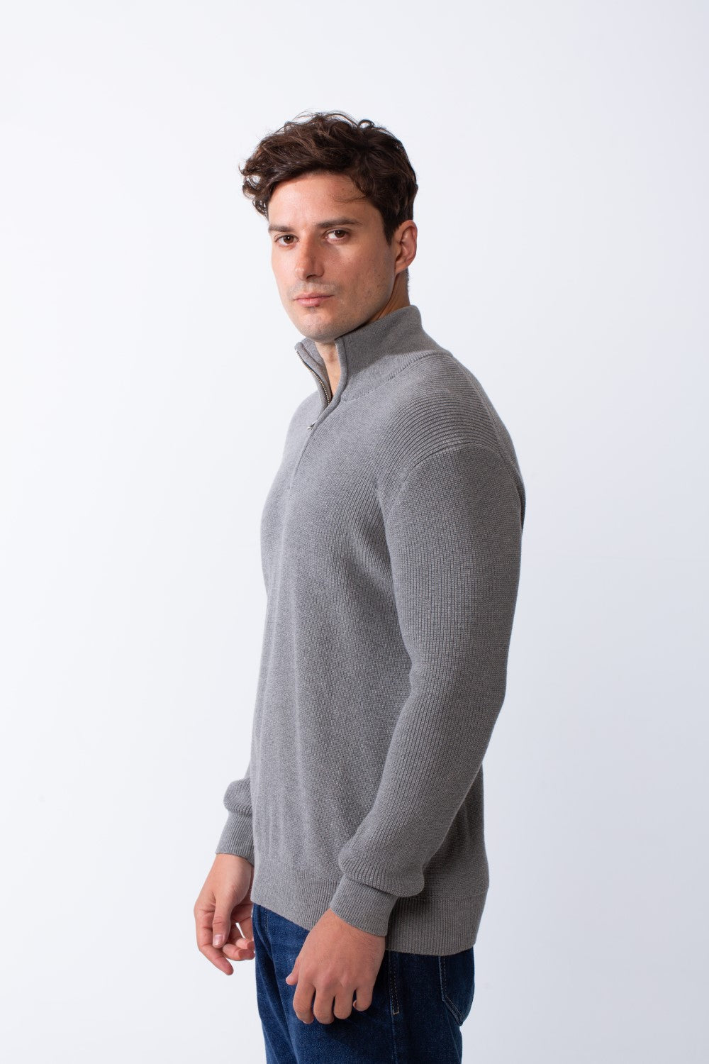 Men's High Neck Half Zip Long Sleeves With Textured Ribbed Knit Fabric Practical Slim Fit Pullover
