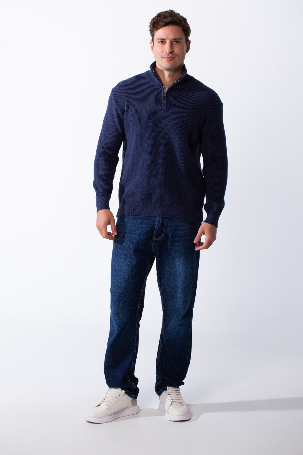 Men's High Neck Half Zip Long Sleeves With Textured Ribbed Knit Fabric Practical Slim Fit Pullover