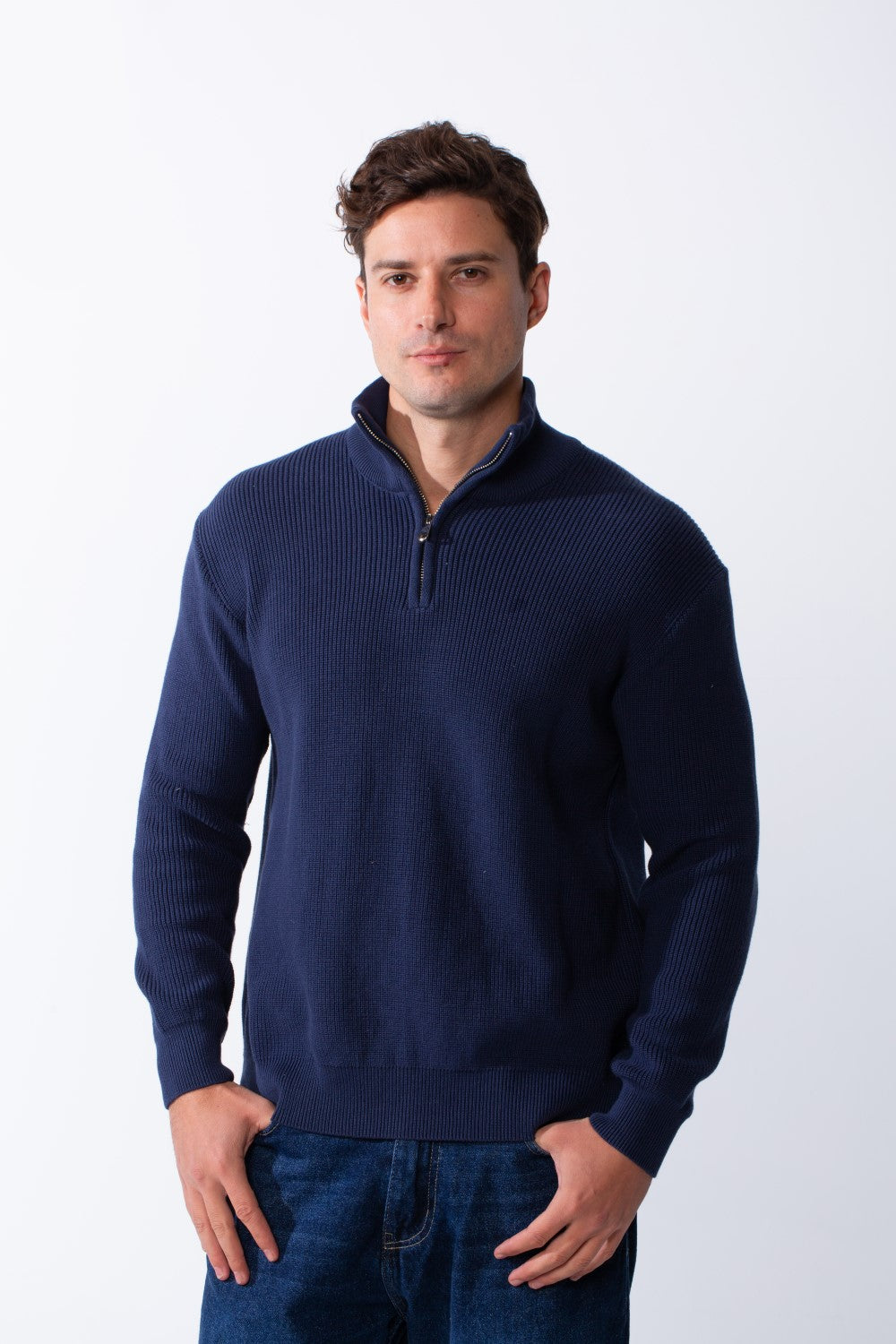 Men's High Neck Half Zip Long Sleeves With Textured Ribbed Knit Fabric Practical Slim Fit Pullover
