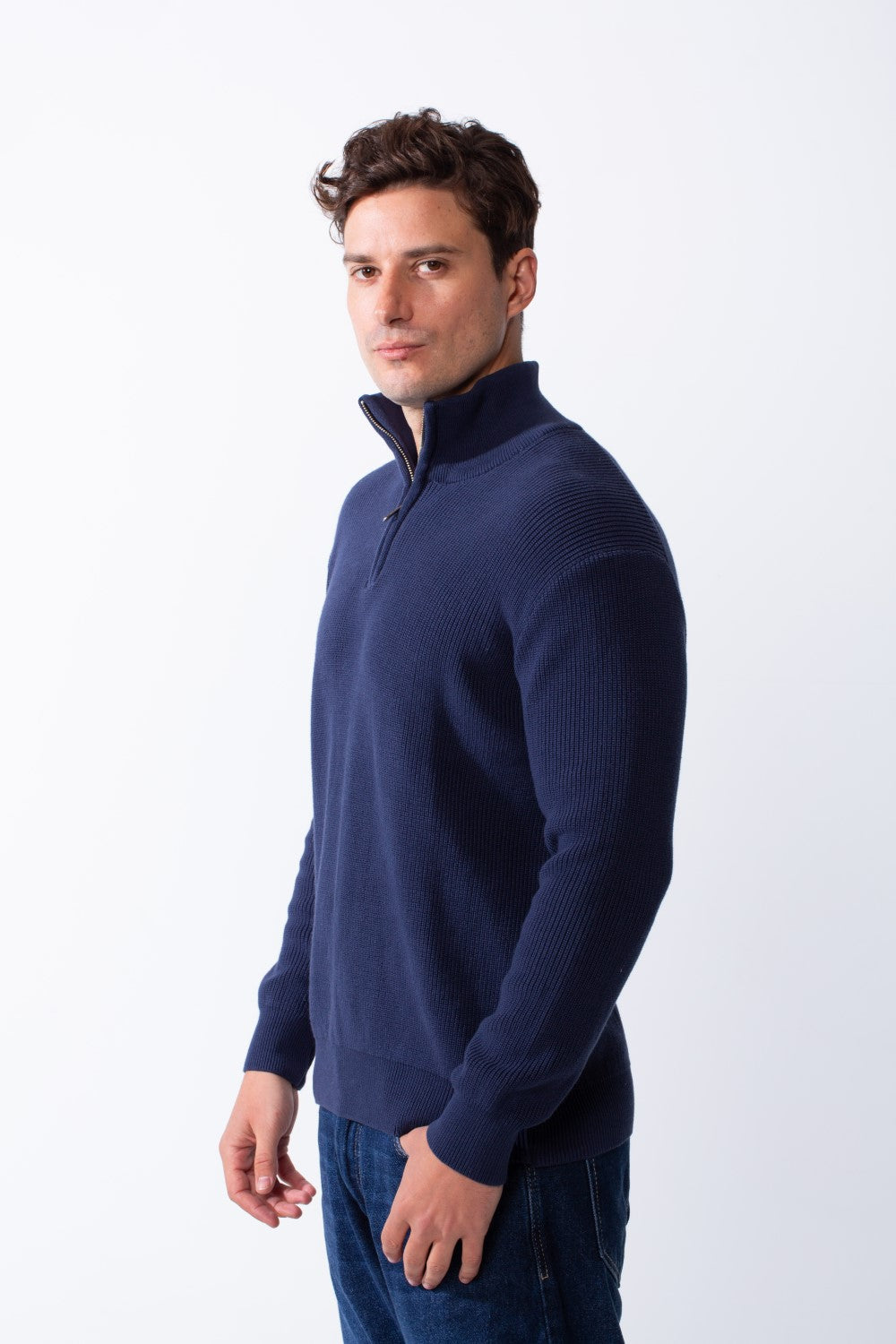 Men's High Neck Half Zip Long Sleeves With Textured Ribbed Knit Fabric Practical Slim Fit Pullover
