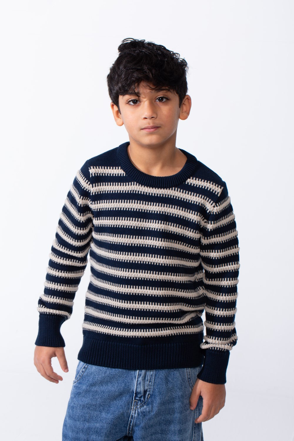 Boy’s Knitted Slim Fit Crew Neck Striped Long Sleeves Pullover