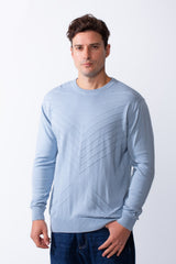 بلوفر رجالي بقصة Slim Fit بياقة دائرية كلاسيكية وأكمام طويلة بنمط خطوط مائلة بارز خفيف عبر الأمام من قماش محكم للارتداء اليومي الكاجوال