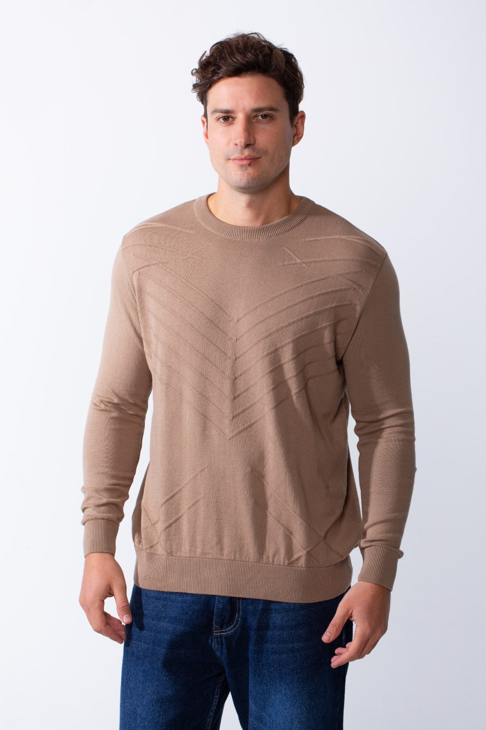 Men's Long Sleeve Classic Crew Neck Subtle Embossed Diagonal Line Pattern Across Front Textured Fabric Casual Every Day Wear Slim Fit Pullover