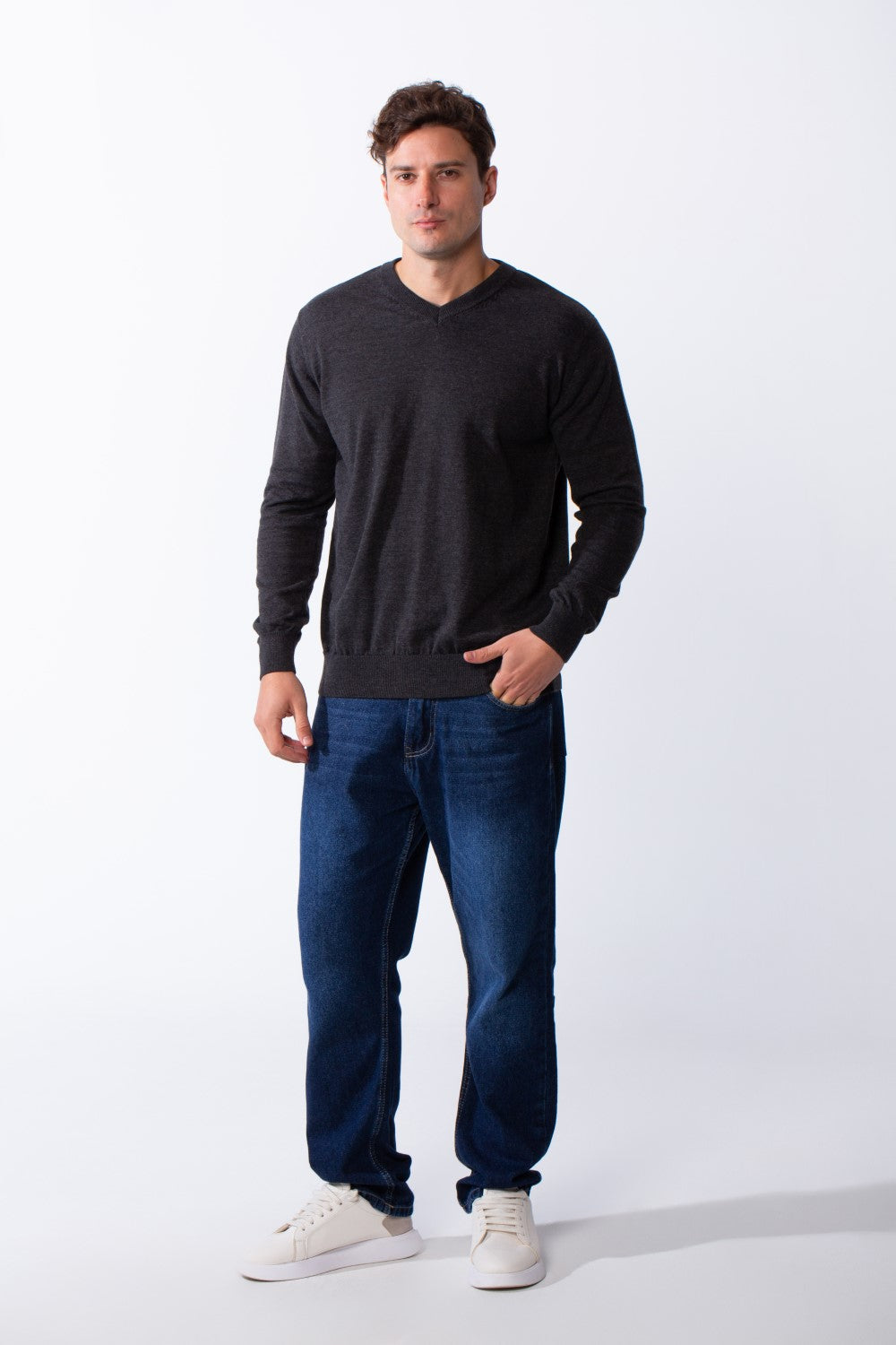Men's Long Sleeves With V-Neckline Knit Fabric Ribbed Cuffs Casual Slim Fit Pullover