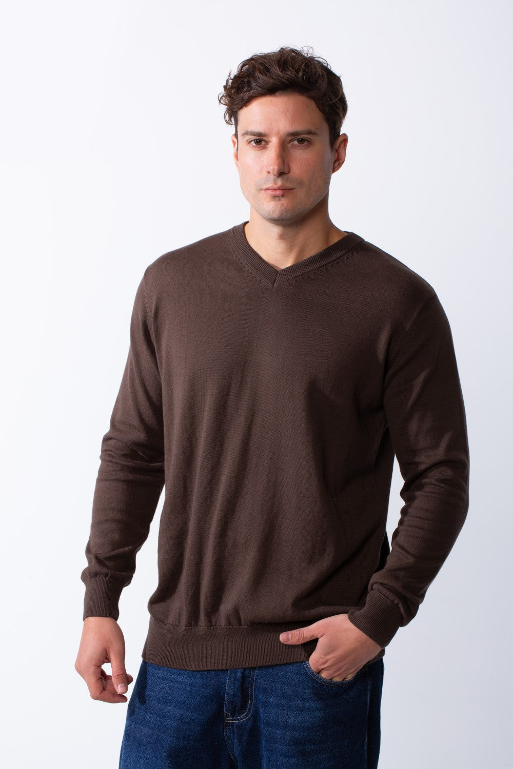 Men's Long Sleeves With V-Neckline Knit Fabric Ribbed Cuffs Casual Slim Fit Pullover