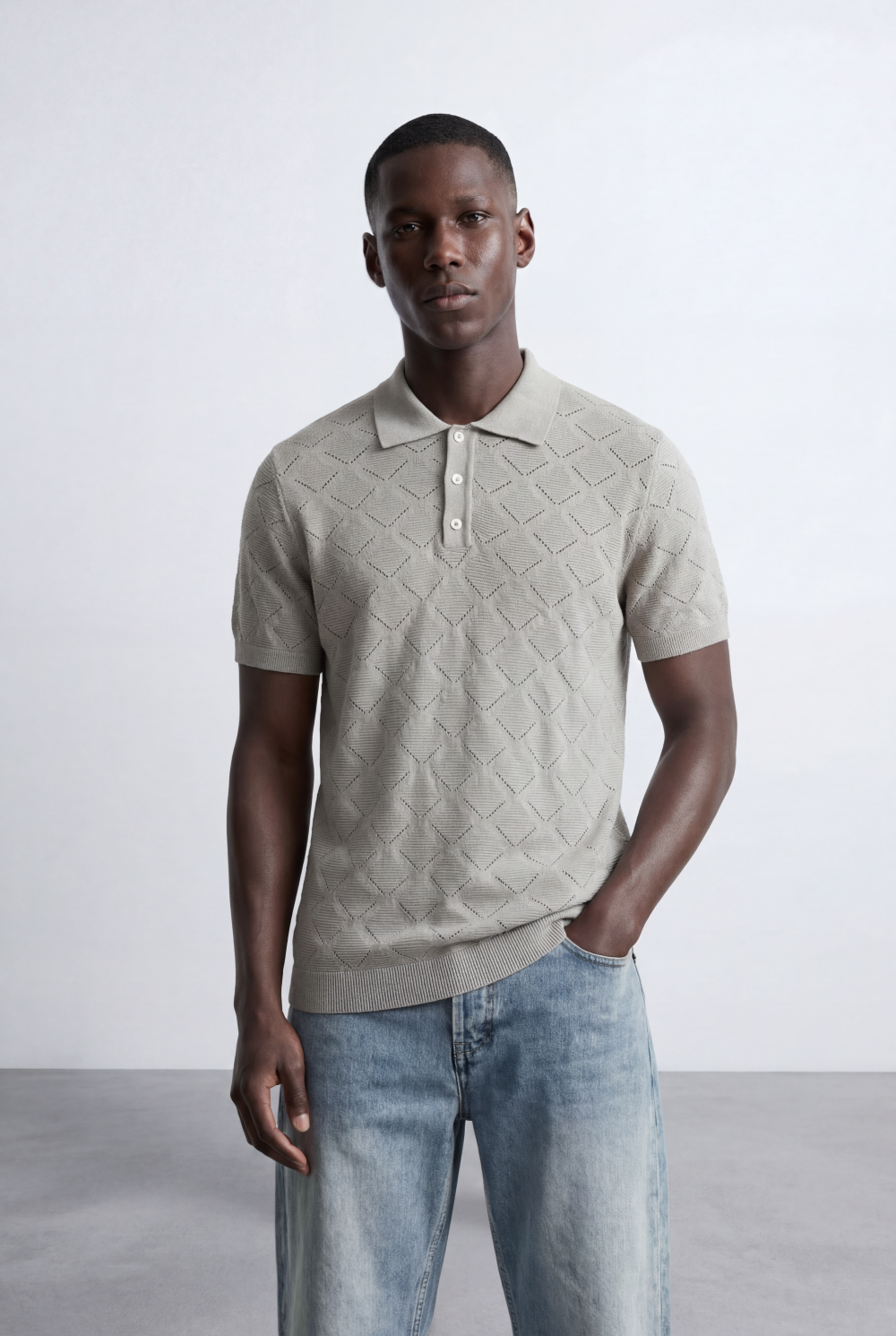 Men’s Tomato Store T-Shirt Knit Polo All Over Geometric Texture Pattern Button Placket Collar Design