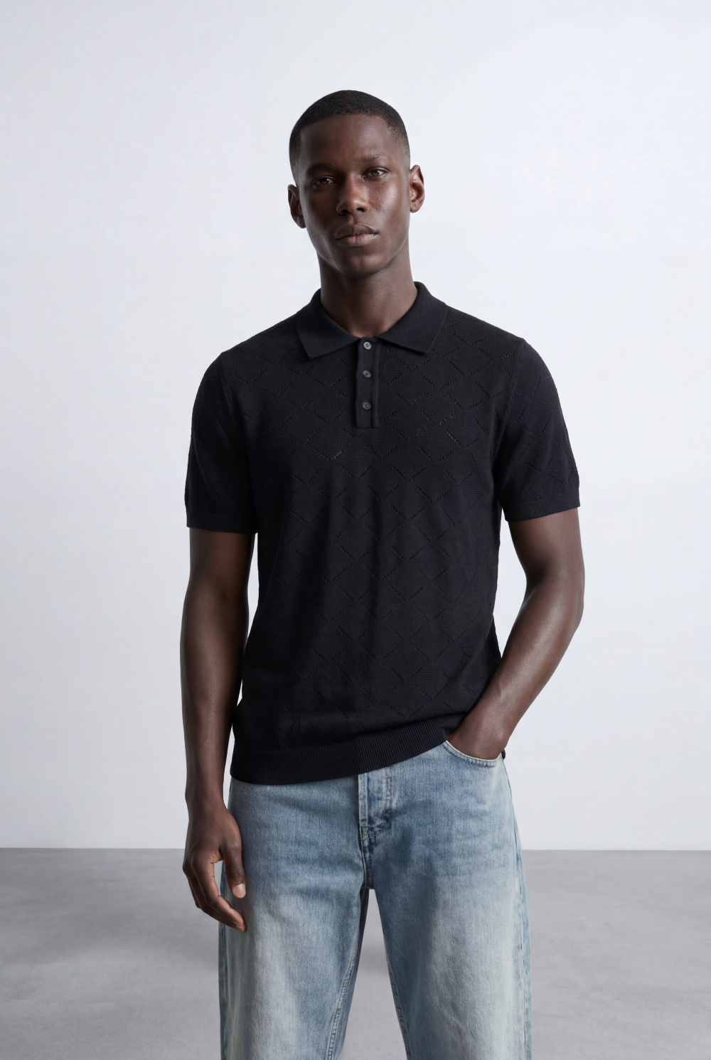 Men’s Tomato Store T-Shirt Knit Polo All Over Geometric Texture Pattern Button Placket Collar Design