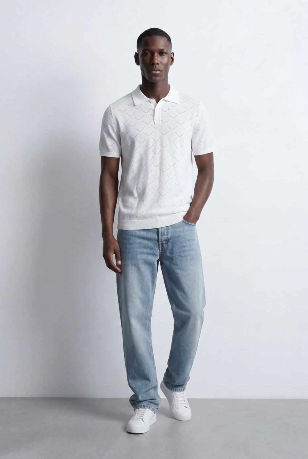 Men’s Tomato Store T-Shirt Knit Polo All Over Geometric Texture Pattern Button Placket Collar Design