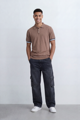 Men’s Tomato Store Knit Polo Contrast Stripe Sleeve Details Ribbed Hem Finish Slim Fit T-Shirt
