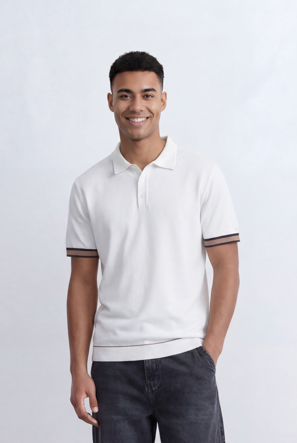 Men’s Tomato Store Knit Polo Contrast Stripe Sleeve Details Ribbed Hem Finish Slim Fit T-Shirt