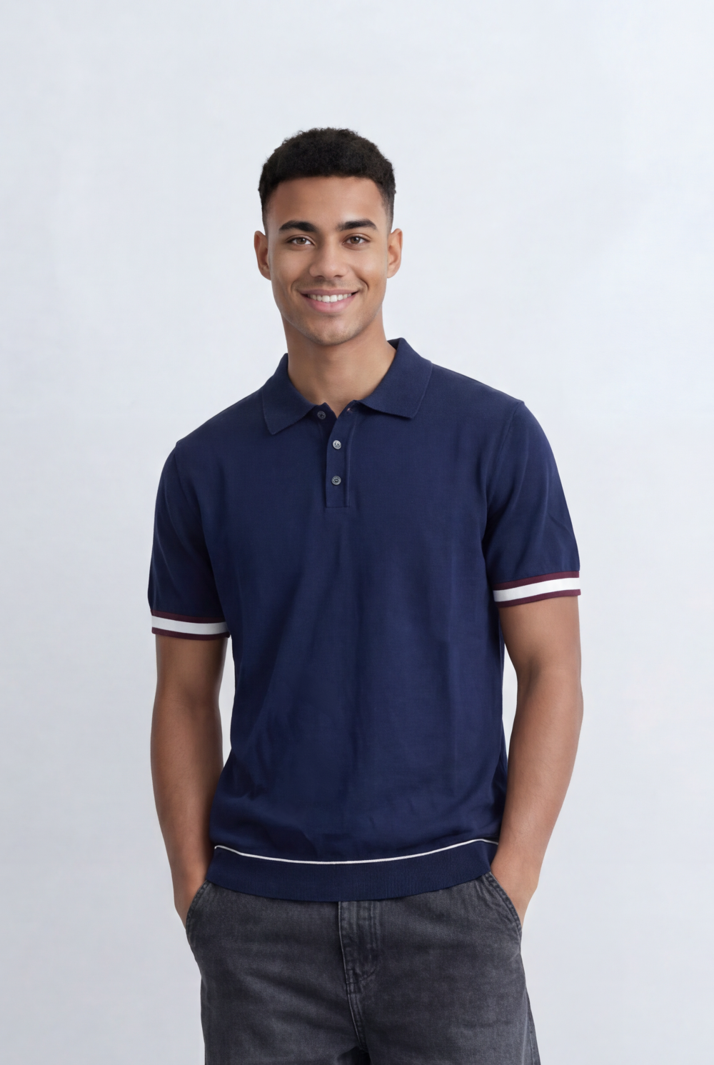 Men’s Tomato Store Knit Polo Contrast Stripe Sleeve Details Ribbed Hem Finish Slim Fit T-Shirt