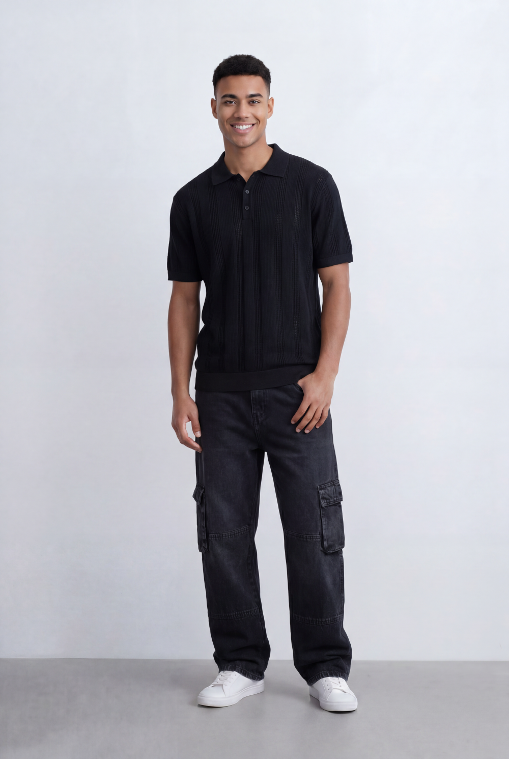 Men’s Tomato Store Knit Polo Openwork Vertical Texture Ribbed Trims Slim Fit T-Shirt