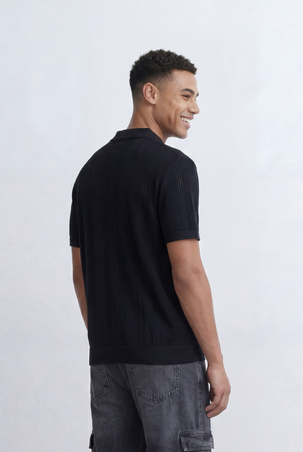 Men’s Tomato Store Knit Polo Openwork Vertical Texture Ribbed Trims Slim Fit T-Shirt