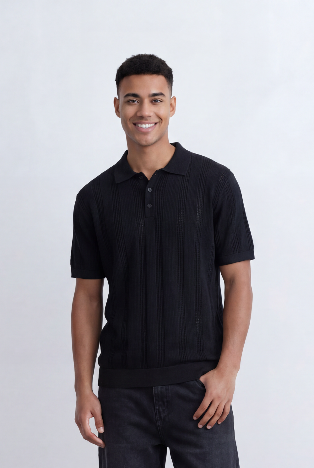 Men’s Tomato Store Knit Polo Openwork Vertical Texture Ribbed Trims Slim Fit T-Shirt