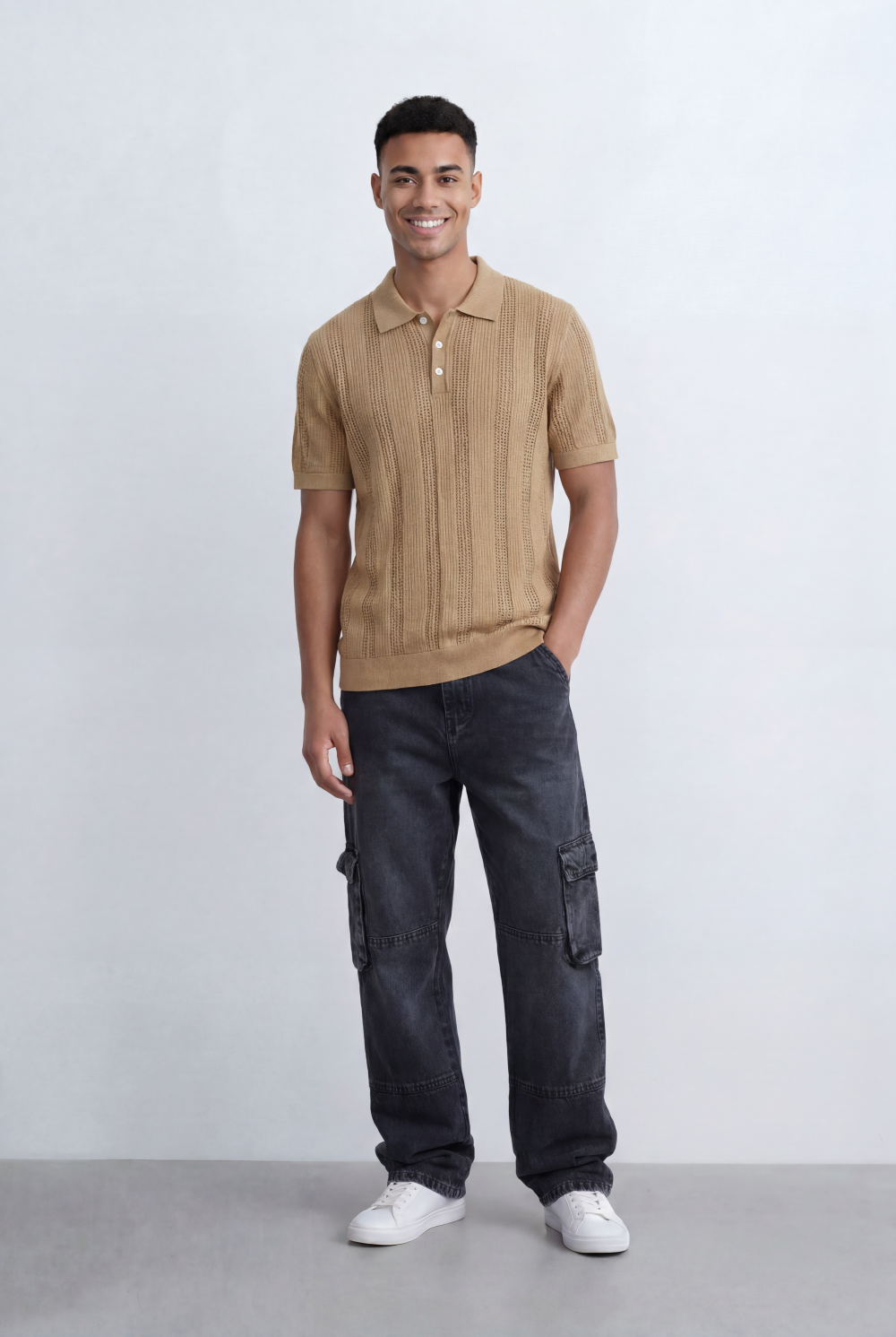 Men’s Tomato Store Knit Polo Openwork Vertical Texture Ribbed Trims Slim Fit T-Shirt