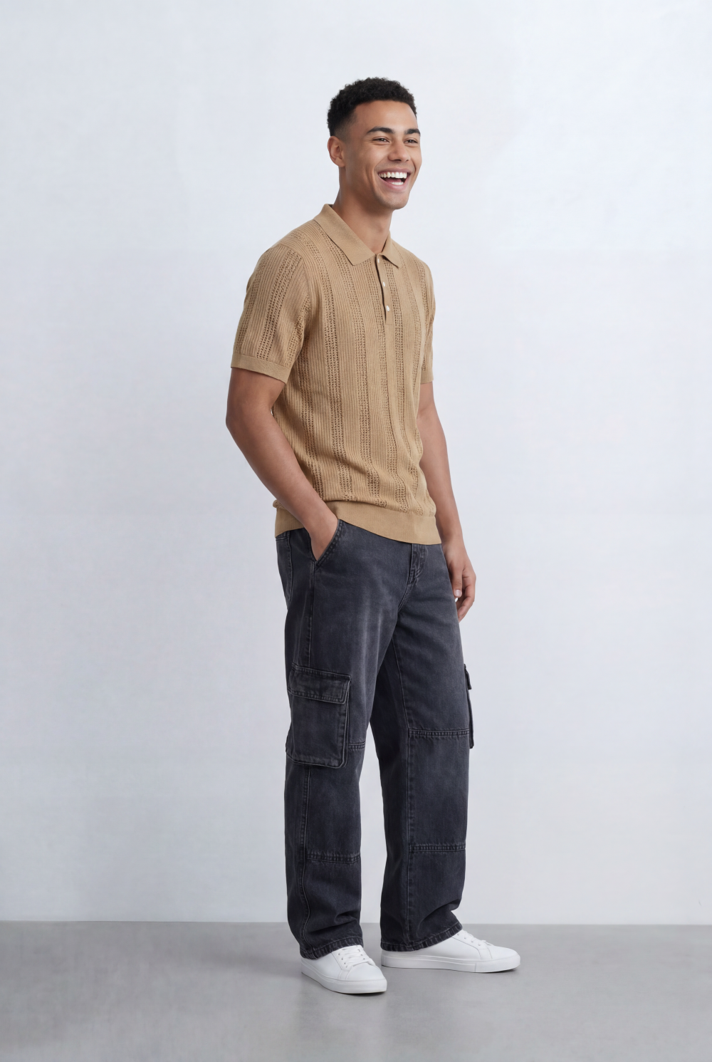 Men’s Tomato Store Knit Polo Openwork Vertical Texture Ribbed Trims Slim Fit T-Shirt