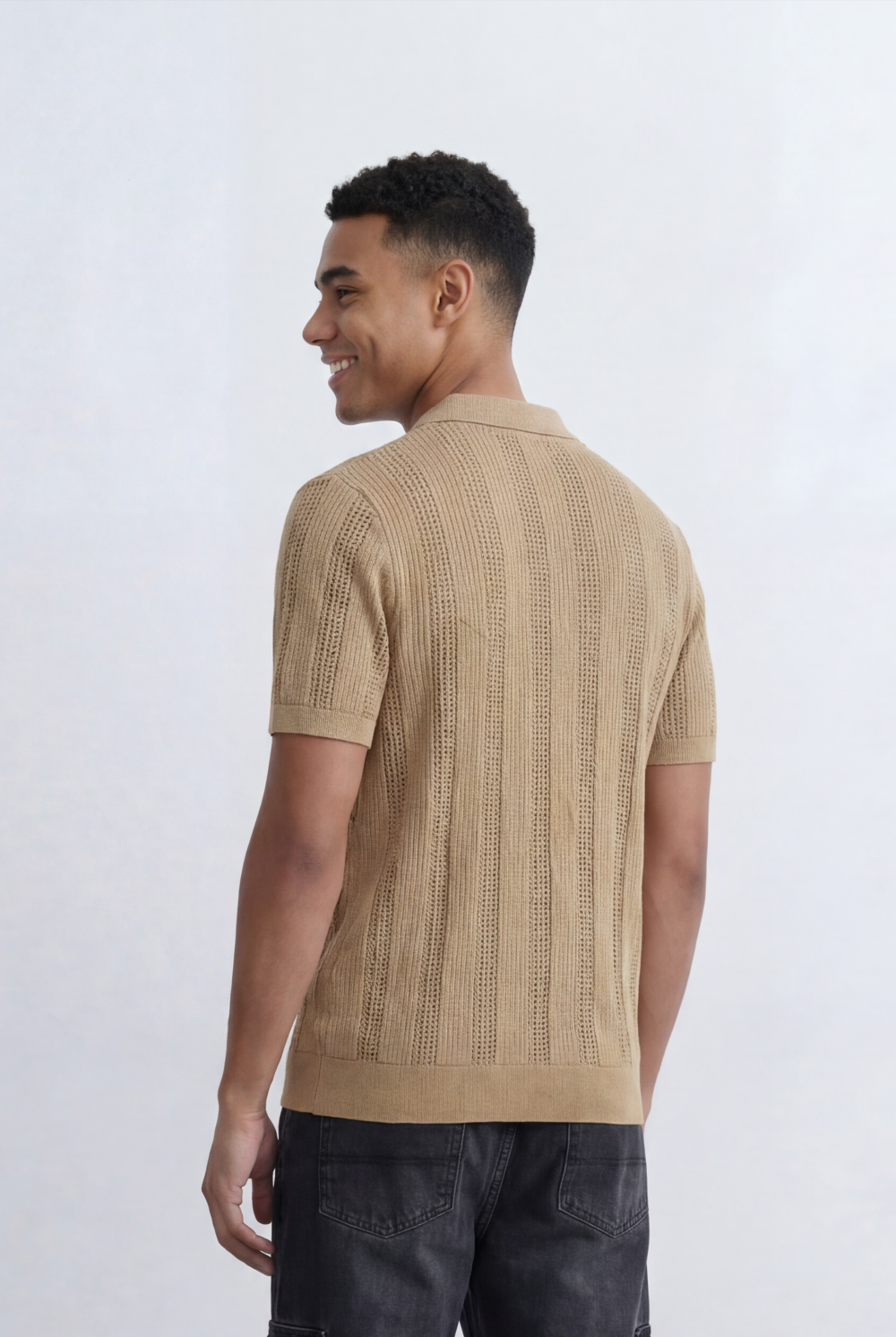Men’s Tomato Store Knit Polo Openwork Vertical Texture Ribbed Trims Slim Fit T-Shirt