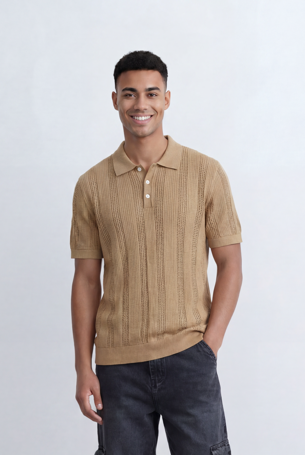 Men’s Tomato Store Knit Polo Openwork Vertical Texture Ribbed Trims Slim Fit T-Shirt