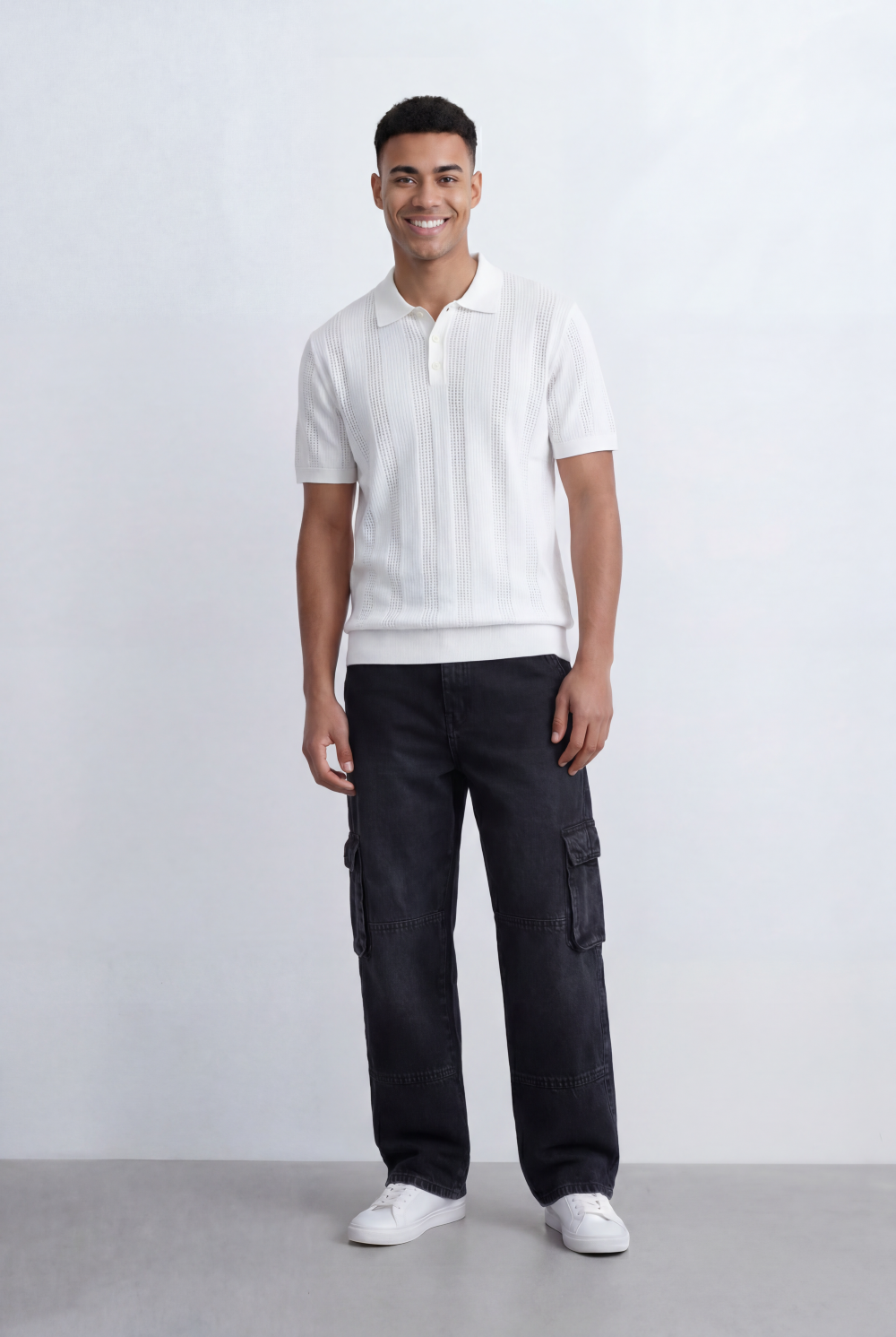 Men’s Tomato Store Knit Polo Openwork Vertical Texture Ribbed Trims Slim Fit T-Shirt
