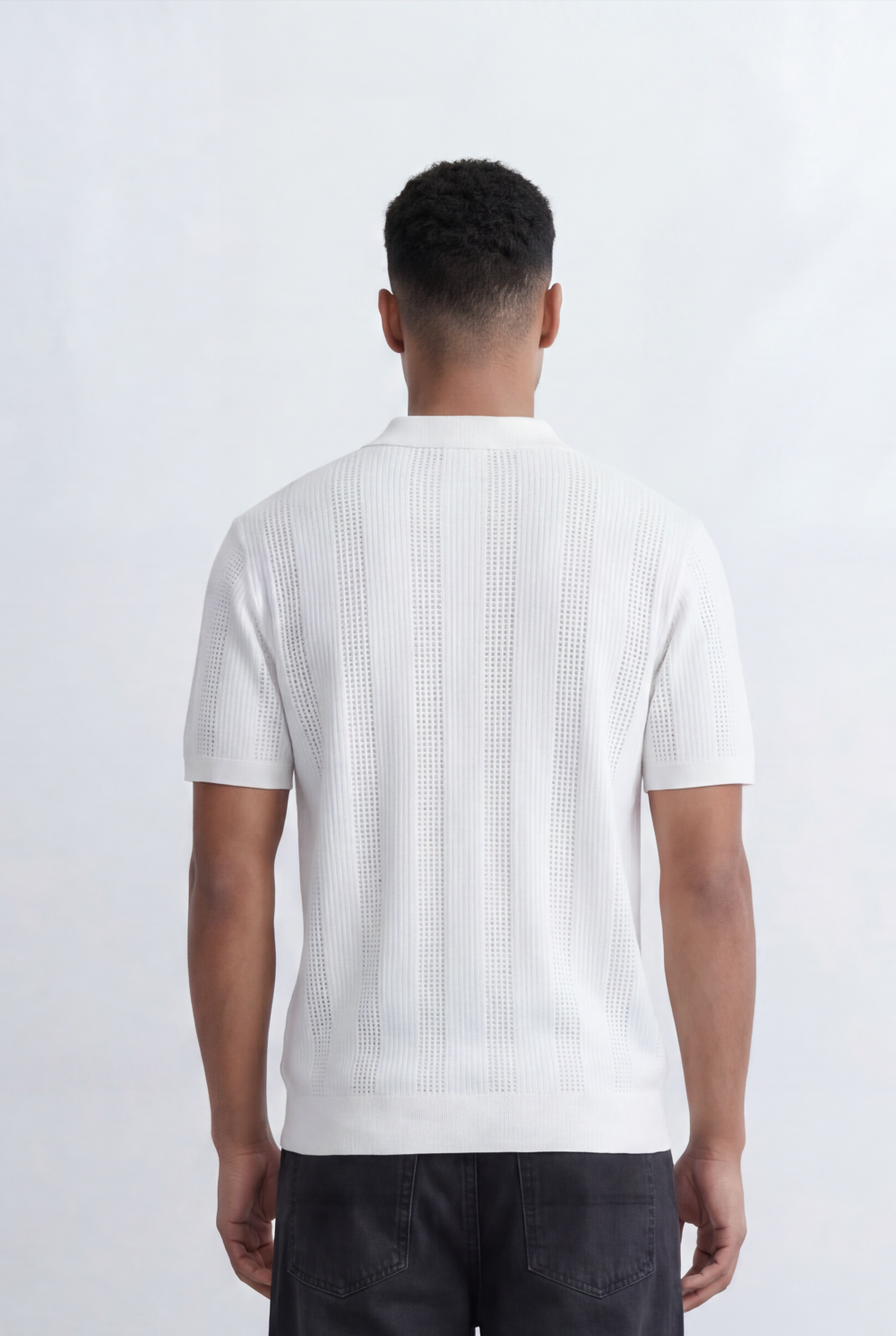 Men’s Tomato Store Knit Polo Openwork Vertical Texture Ribbed Trims Slim Fit T-Shirt
