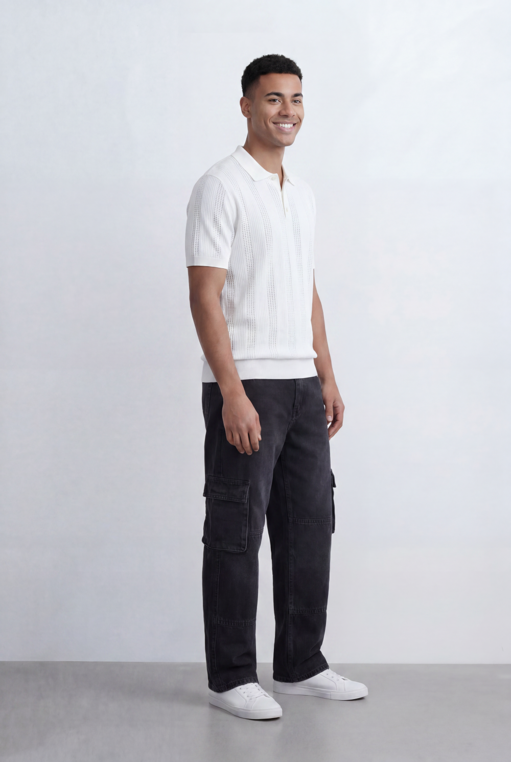 Men’s Tomato Store Knit Polo Openwork Vertical Texture Ribbed Trims Slim Fit T-Shirt