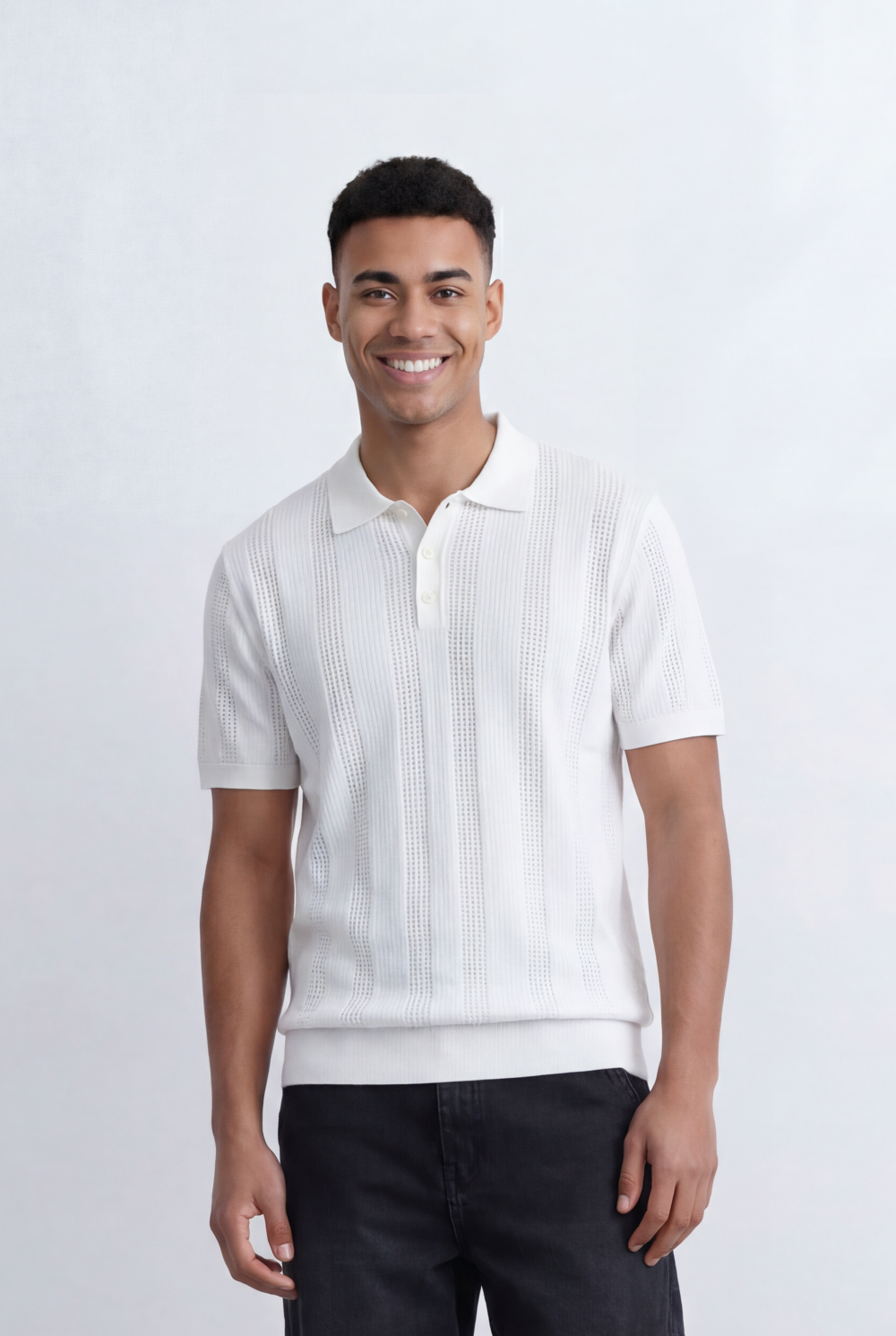 Men’s Tomato Store Knit Polo Openwork Vertical Texture Ribbed Trims Slim Fit T-Shirt